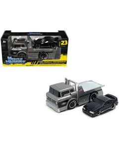 1966 Ford C600 Flatbed Truck Gray Metallic and 1993 Ford Mustang SVT Cobra Black "Toyo Tires" "Muscle Transports" Series 1/64 Diecast Models by Muscle Machines