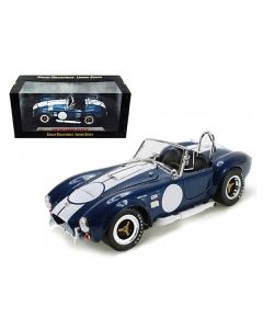 1965 Shelby Cobra 427 S/C Dark Blue Metallic with White Stripes with Printed Carroll Shelby's Signature on the Trunk 1/18 Diecast Model Car by Shelby Collectibles