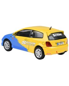 2001 Honda Civic Type R EP3 Blue and Yellow with Black Hood "Spoon Sports" 1/64 Diecast Model Car by Paragon Models