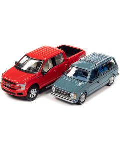 2018 Ford F-150 Pickup Truck Red and 1984 Dodge Caravan Minivan Blue Metallic 