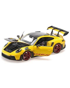 2024 Porsche 911 (992) GT3 RS "Weissach Package" Yellow with Carbon Top and Hood Stripes Limited Edition to 400 pieces Worldwide 1/18 Diecast Model Car by Minichamps