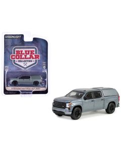 2023 Chevrolet Silverado 1500 Pickup Truck with Camper Shell Sterling Gray Metallic "Blue Collar Collection" Series 13 1/64 Diecast Model Car by Greenlight