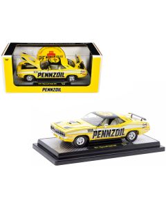 1971 Plymouth Barracuda 440 Yellow with Gray Stripes and Black Top "Pennzoil" Limited Edition to 6250 pieces Worldwide 1/24 Diecast Model Car by M2 Machines