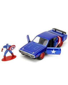 1972 Plymouth GTX Candy Blue with Red and White Stripes and Captain America Diecast Figure "The Avengers" "Hollywood Rides" Series 1/32 Diecast Model Car by Jada