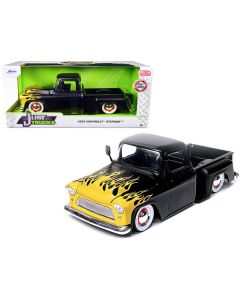 1955 Chevrolet Stepside Pickup Truck Matt Black with Yellow Flames "Just Trucks" Series 1/24 Diecast Model Car by Jada