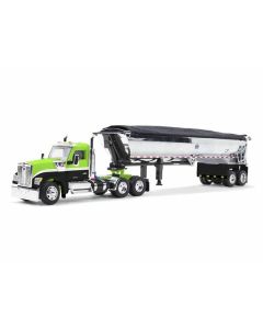 Kenworth W990 Day Cab and MAC Half-Round Tandem-Axle Dump Trailer Lime Green and Black 1/64 Diecast Model by DCP/First Gear