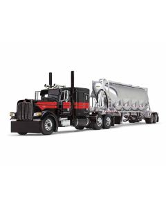 Peterbilt 389 with 63" Flat Top Sleeper and J&L Pneumatic Tank Trailer Black with Red Stripes 1/64 Diecast Model by DCP/First Gear