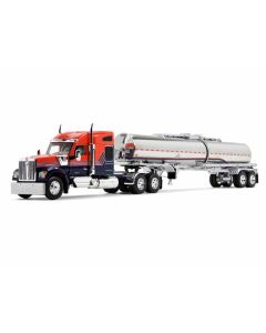 Kenworth W990 with 76" Mid-Roof Sleeper and Brenner Chemical Grade Tandem Axle Tanker Trailer Red and Navy Blue 1/64 Diecast Model by DCP/First Gear