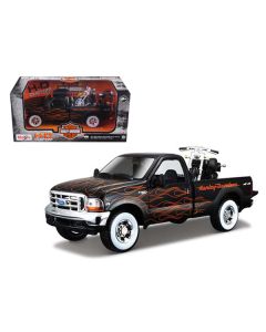 1999 Ford F-350 Super Duty Pickup Black with Flames 1/27 & 2002 Harley Davidson FLSTB Motorcycle Night Train 1/24 Diecast Models by Maisto