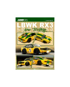 Mazda RX-3 Liberty Walk RHD (Right Hand Drive) #3 "Savanna" Yellow with Green Stripes 1/64 Diecast Model Car by Inno Models