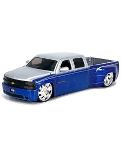 1999 Chevrolet Silverado Dually Pickup Truck Blue Metallic and Silver with Custom KMC Wheels "Just Trucks" Series 1/24 Diecast Model Car by Jada