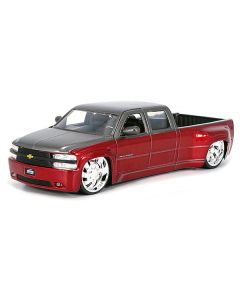 1999 Chevrolet Silverado Dually Pickup Truck Red Metallic and Gray with Custom KMC Wheels "Just Trucks" Series 1/24 Diecast Model Car by Jada