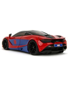 McLaren 720S Red and Blue with Black Top and Graphics and Spider-Man Diecast Figure "Marvel Spider-Man" "Hollywood Rides" Series 1/24 Diecast Model Car by Jada