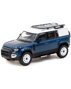 Land Rover Defender 110 Blue Metallic with White Top and Roof Rack "Global64" Series 1/64 Diecast Model by Tarmac Works