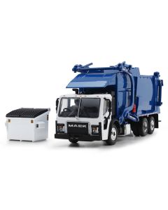 Mack LR Refuse Garbage Truck with McNeilus Meridian Front Loader White and Blue with Trash Bin 1/64 Diecast Model by DCP/First Gear