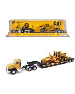 CAT Caterpillar CT660 Day Cab Tractor Yellow with Lowboy Trailer and CAT 163H Motor Grader Yellow 1/87 (HO) Diecast Model by Diecast Masters