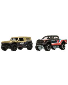 Ford Bronco R Gold Metallic and Black and 2017 Ford F-150 Raptor Pickup Truck #17 Black with Stripes "Car Culture" Set of 2 Cars Diecast Model Cars by Hot Wheels