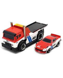 JDM Flatbed Truck #46 Red and White with Blue Stripes and 1972 Datsun 240Z #46 Red and White with Blue Stripes "BRE" "Muscle Transports" Series 1/64 Diecast Models by Muscle Machines