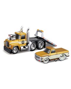 1980 Mack A685ST Flatbed Truck Gold Metallic with Beige Stripes "Madman Garage" and 1972 Chevrolet C10 Pickup Truck Gold Metallic and Beige "Muscle Transports" Series 1/64 Diecast Models by Muscle Machines