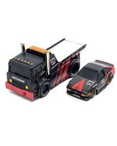 JDM Flatbed Truck #25 Black and Red and 1983-85 Toyota Trueno Sprinter (AE86) #25 Black and Red "Advan" Livery "Muscle Transports" Series 1/64 Diecast Models by Muscle Machines