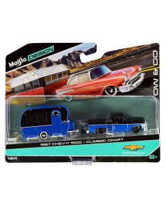 1987 Chevrolet 1500 Pickup Truck with Bed Cover and Classic Craft Travel Trailer Black and Blue Metallic "Tow & Go" Series 1/64 Diecast Models by Maisto