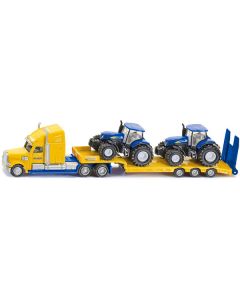 Tractor Truck Yellow with 2 New Holland T7070 Tractors Blue 1/87 (HO) Diecast Models by Siku