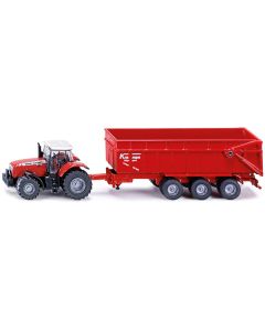 Massey Ferguson 8480 Dyna VT Tractor Red with Silver Top and Krampe Dump Trailer Red 1/87 (HO) Diecast Models by Siku