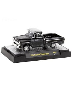 1958 Chevrolet Cameo Pickup Truck Black Metallic with Graphics and Gray Top "Lowriders" Limited Edition to 5500 pieces Worldwide 1/64 Diecast Model Car by M2 Machines