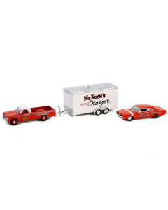 1966 Dodge D-100 Pickup Truck Red with White Top and 1969 Dodge Super Charger Red with White Stripe with Enclosed Car Hauler "Mr. Norm’s Super Charger" "Racing Hitch & Tow" Series 5 1/64 Diecast Model Car by Greenlight