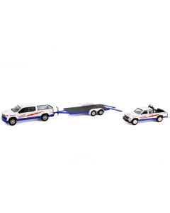 2023 Chevrolet Silverado 1500 Pickup Truck White and 1989 Chevrolet S-10 Baja Pickup Truck White with Flatbed Trailer "American Thunder" "Racing Hitch & Tow" Series 5 1/64 Diecast Model Car by Greenlight