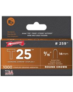 Arrow 259 T25 Round Crown Staples, 1,000 Pack (9/16 In.)