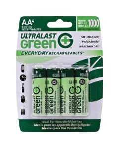 Ultralast ULGED4AA Green Everyday Rechargeables AA NiMH Batteries, 4 pk