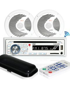 Pyle PLCDBT65MRW Marine Stereo Head Unit, Single-DIN CD AM/FM Receiver with Two 6.5-In. Speakers, Splashproof Radio Cover, and Bluetooth (White)